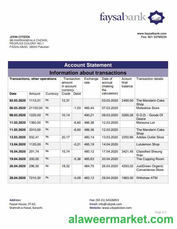 Pakistan Faysal bank statement template in Word and PDF format